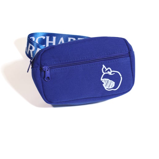 Front view of blue crisp belt bag. Angry Orchard bitten apple featured on bottom right of smaller pocket. Has writing "Angry Orchard" in white along strap.