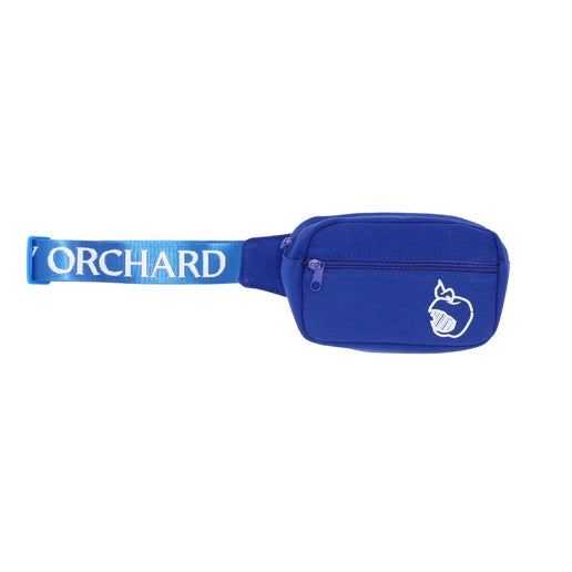 Front view of blue crisp belt bag. Angry Orchard bitten apple featured on bottom right of smaller pocket. Has writing "Angry Orchard" in white along strap.