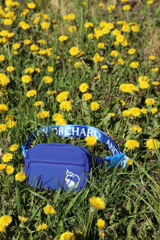 Front view of blue crisp belt bag sitting in a field. Angry Orchard bitten apple featured on bottom right of smaller pocket. Has writing "Angry Orchard" in white along strap.