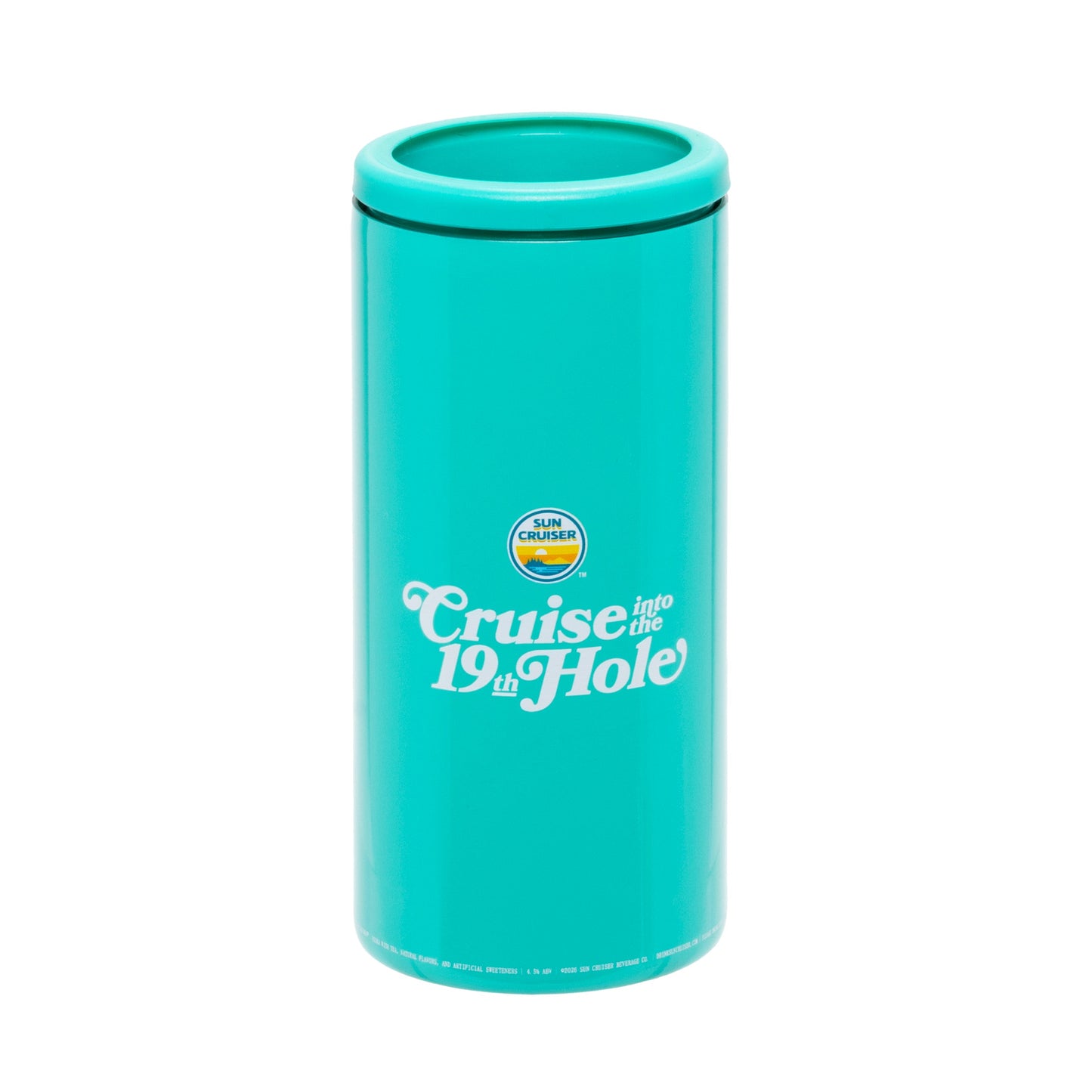Teal Sun Cruiser insulated can cooler showing thick rim and stainless interior for keeping drinks cold on the golf course
