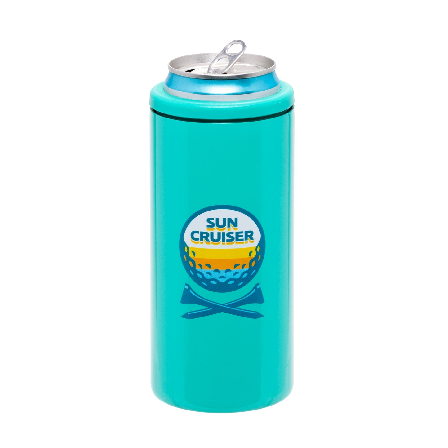 Sun cruiser blueberry in teal can cooler with golf-inspired logo design featuring crossed clubs and golf ball graphic on insulated slim can holder
