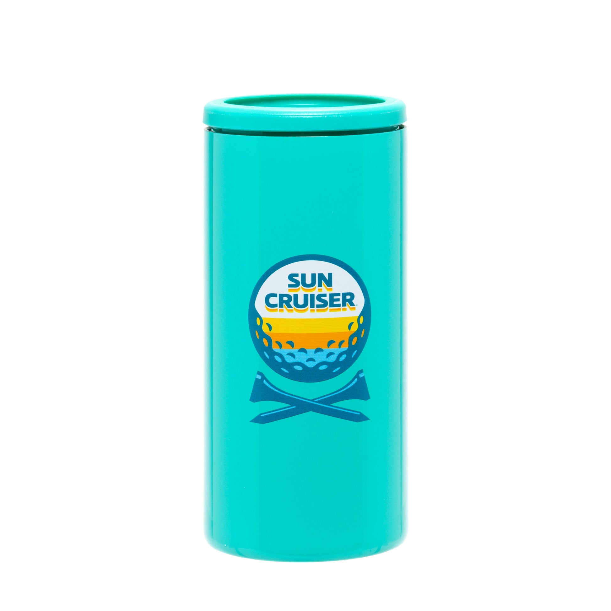 Sun Cruiser teal can cooler with golf-inspired logo design featuring crossed clubs and golf ball graphic on insulated slim can holder