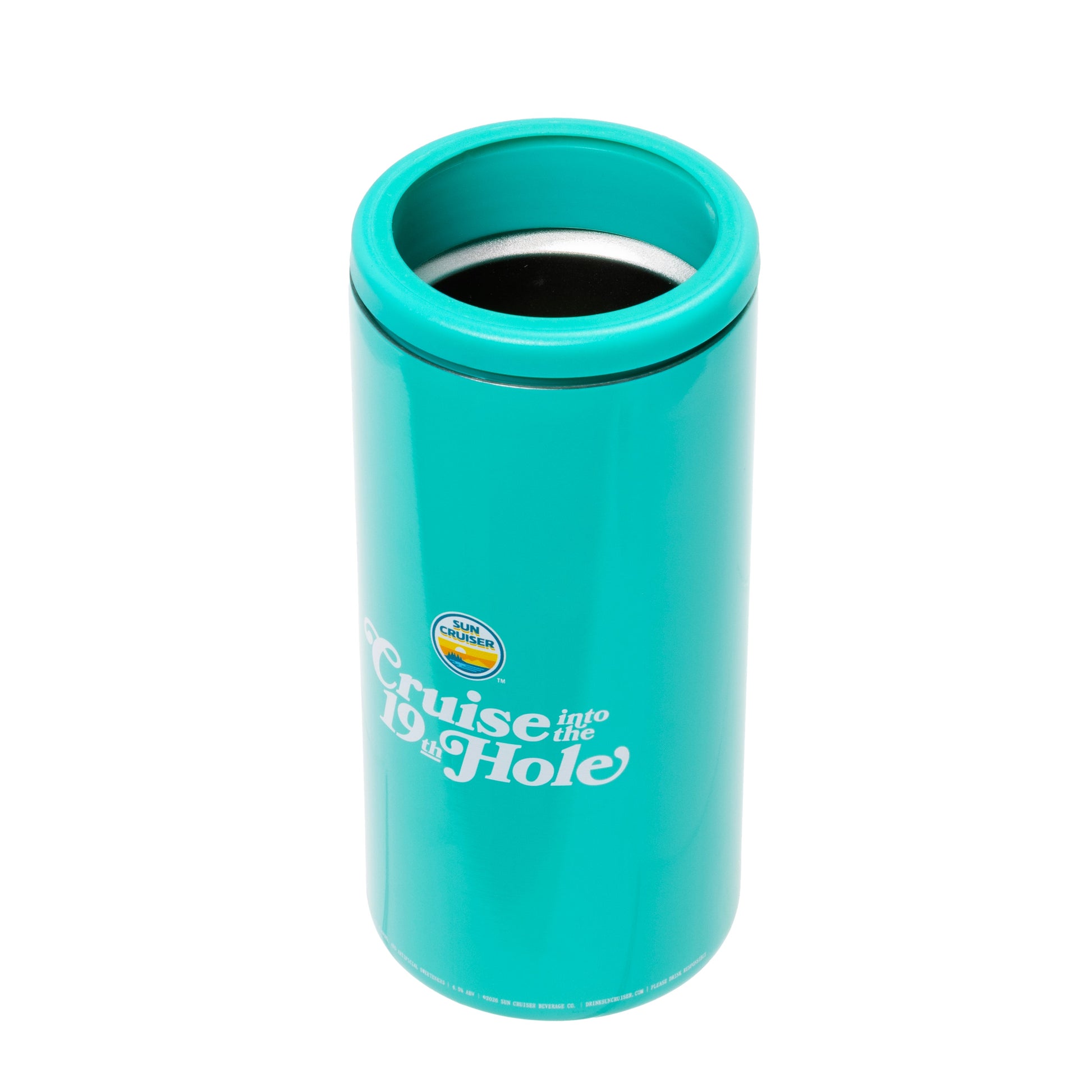 Top view of Sun Cruiser insulated can cooler showing thick rim and interior for keeping drinks cold 
