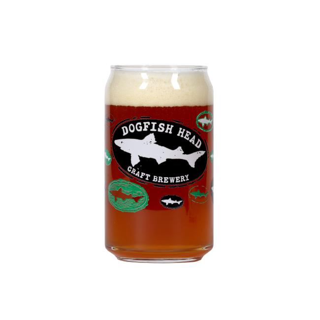 A 16 oz Logo Can Glass from Grandstand Glassware & Apparel, featuring playful shark and fish illustrations—perfect for enjoying your favorite beverages in style.