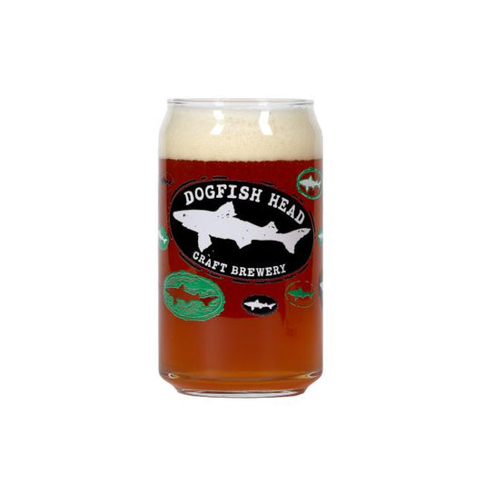 A 16 oz Logo Can Glass from Grandstand Glassware & Apparel, featuring playful shark and fish illustrations—perfect for enjoying your favorite beverages in style.