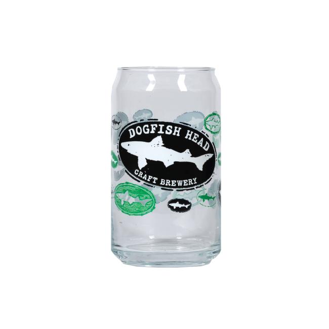 The Logo Can Glass by Grandstand Glassware & Apparel is a 16 oz glass shaped like a soda can, featuring the Dogfish Head logo with a white dogfish and green-gray bubble designs—a nod to their off-centered ales.