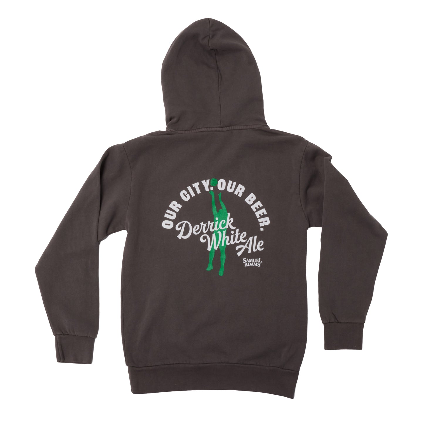 Back view of Samuel Adams Derrick White Ale hoodie in grey featuring large “Our City Our Beer” graphic with green basketball player silhouette and logo