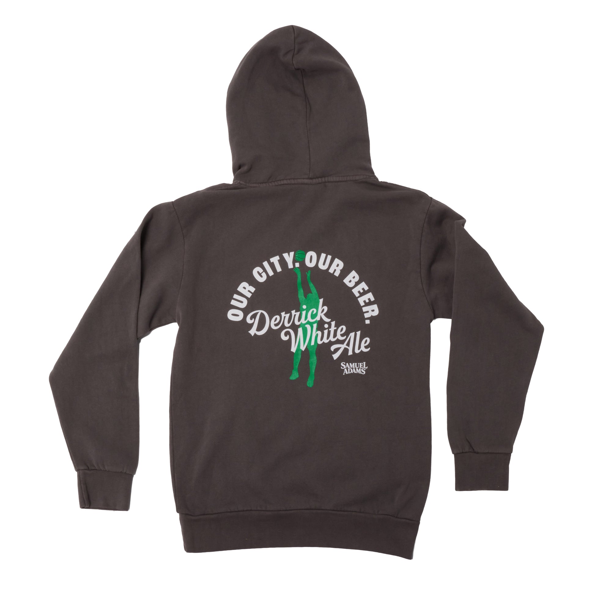 Back view of Samuel Adams Derrick White Ale hoodie in grey featuring large “Our City Our Beer” graphic with green basketball player silhouette and logo