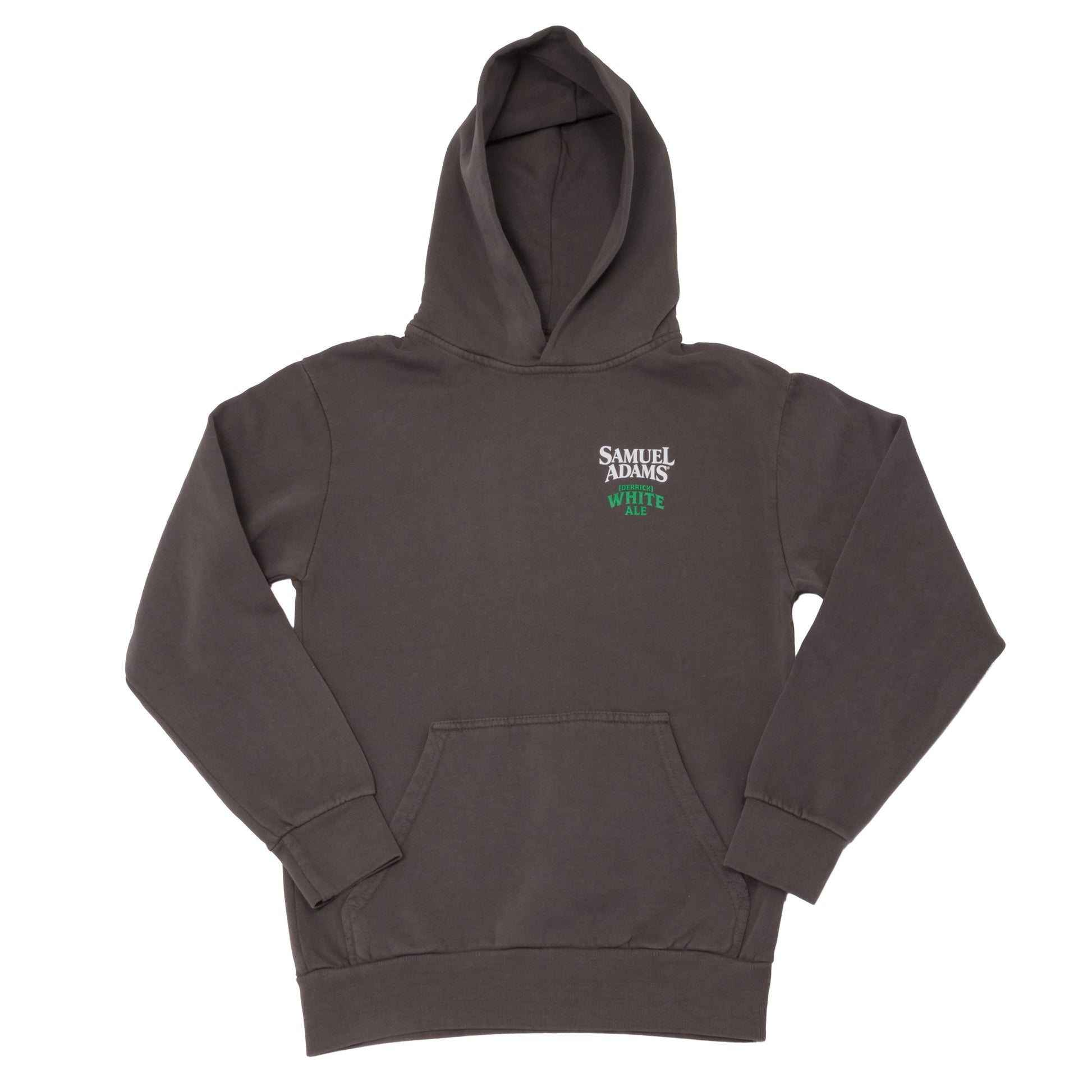 Front view of Samuel Adams Derrick White Ale hoodie in grey with chest logo, pullover hood, and kangaroo pocket