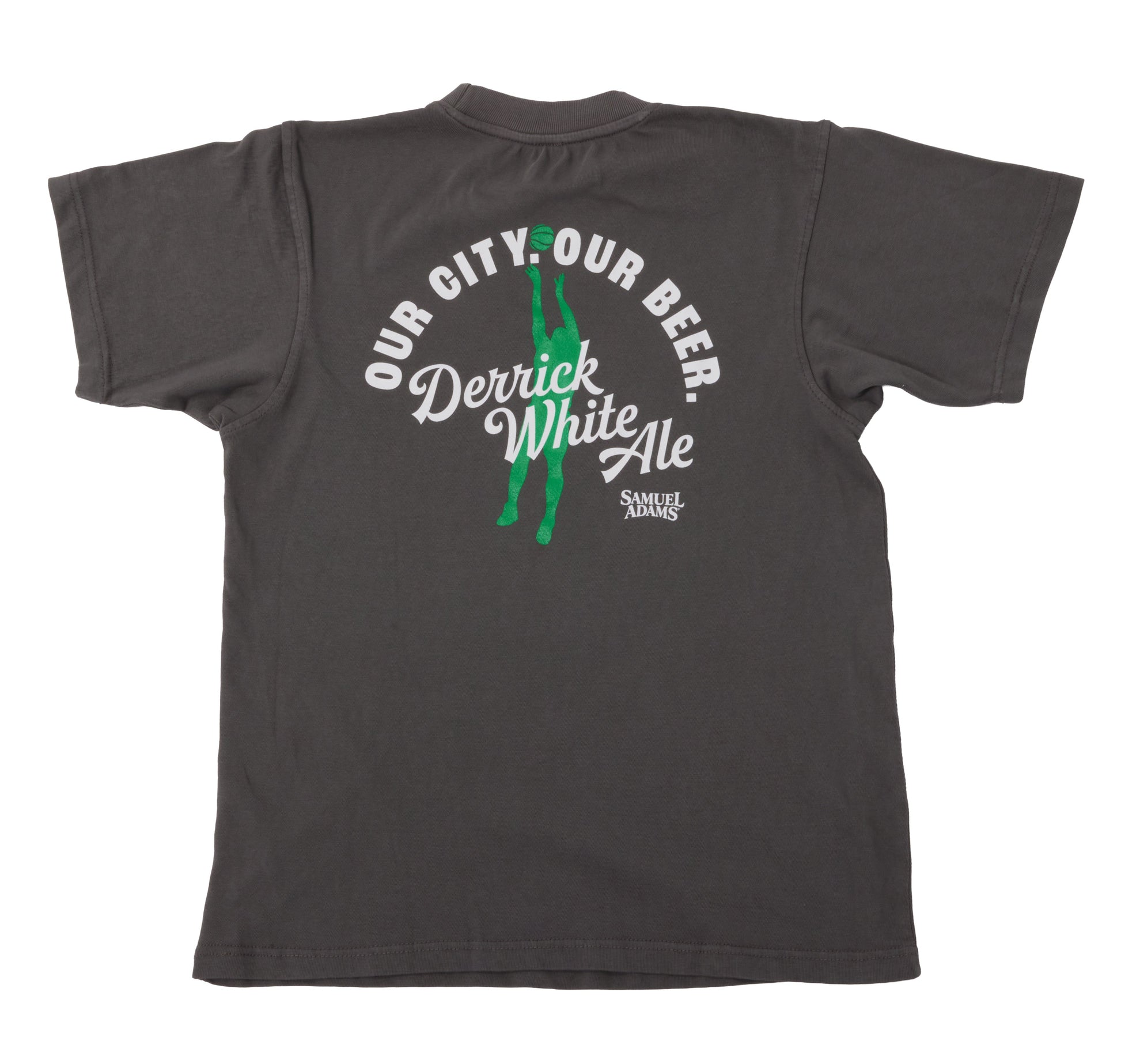 Back view of Samuel Adams Derrick White Ale t-shirt in dark gray featuring “Our City Our Beer” graphic with green basketball player silhouette and large logo print