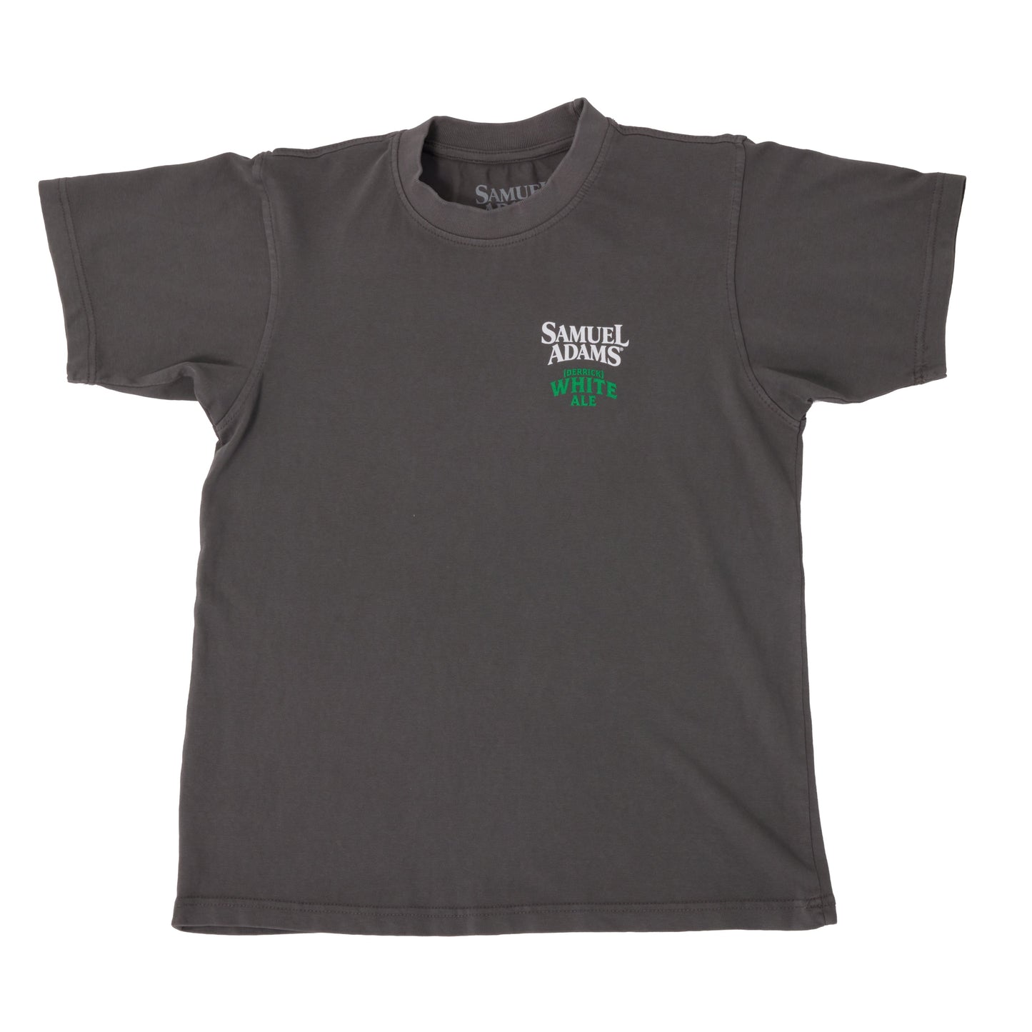 Front view of Samuel Adams Derrick White Ale t-shirt in dark gray with small chest logo, classic crewneck fit, and short sleeves