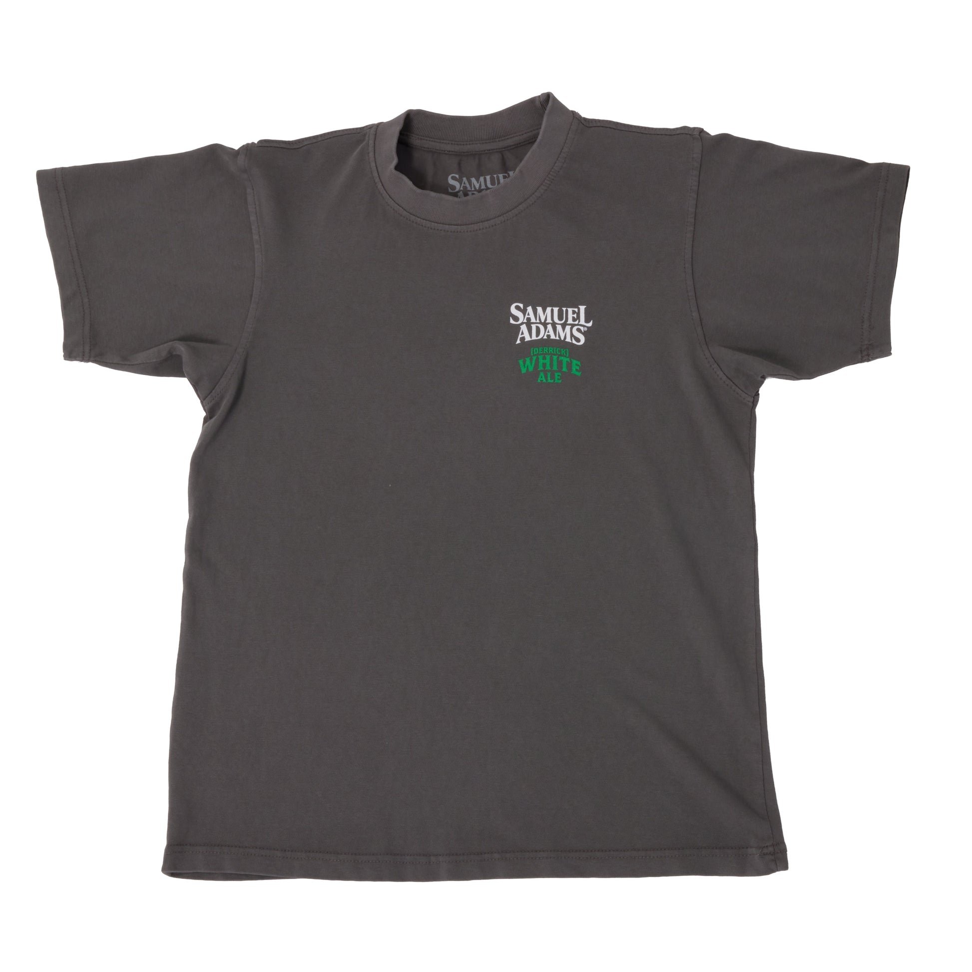 Front view of Samuel Adams Derrick White Ale t-shirt in dark gray with small chest logo, classic crewneck fit, and short sleeves