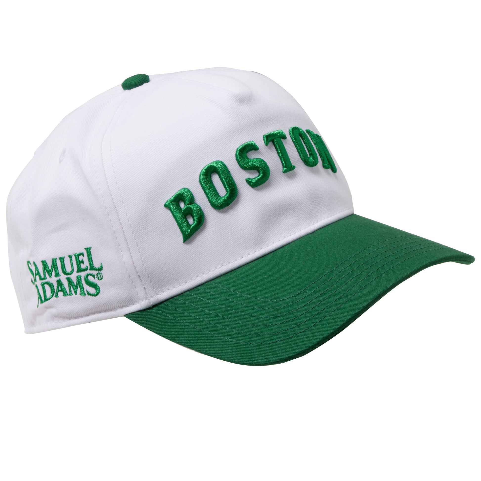 Samuel Adams Boston hat in white and green with embroidered “BOSTON” lettering, curved brim, and side Samuel Adams logo detail on structured cap
