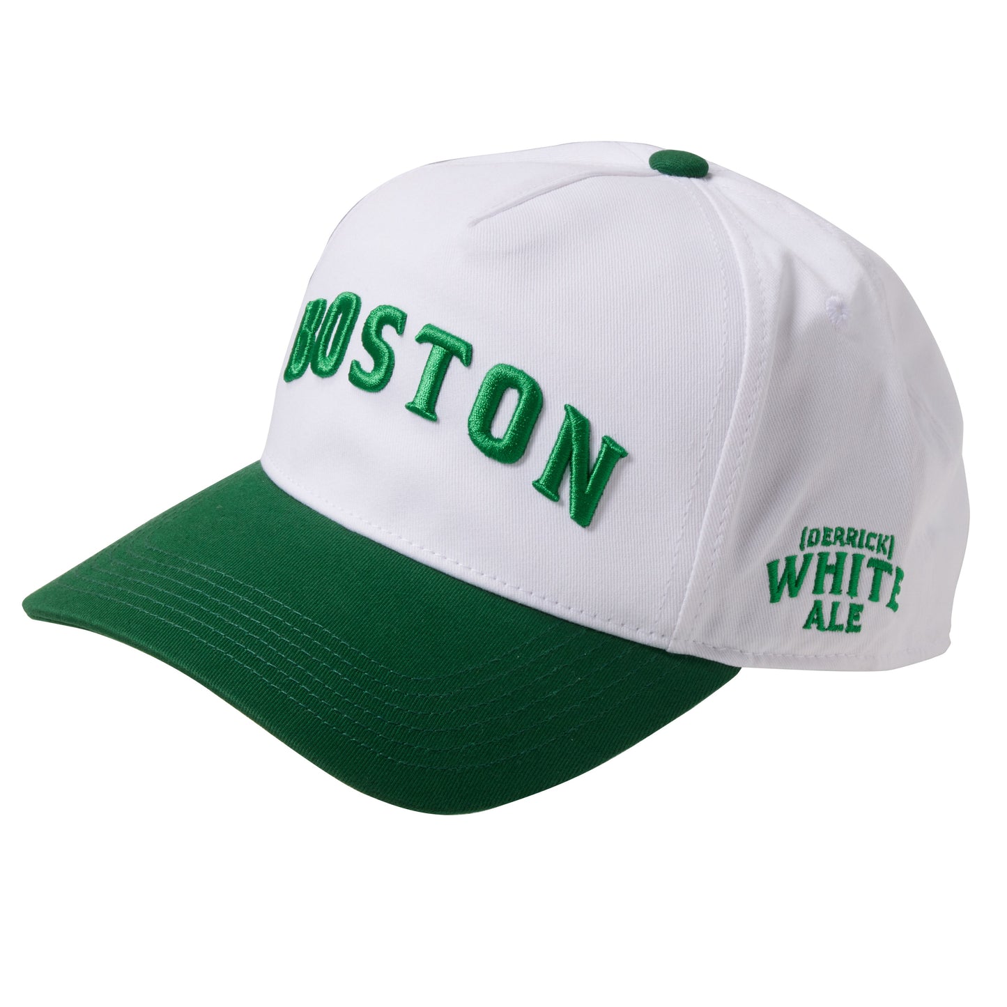 White and green Samuel Adams Boston baseball cap with raised embroidered “BOSTON” text, curved visor, and classic structured fit, and a Derrick White Ale green embroidered level
