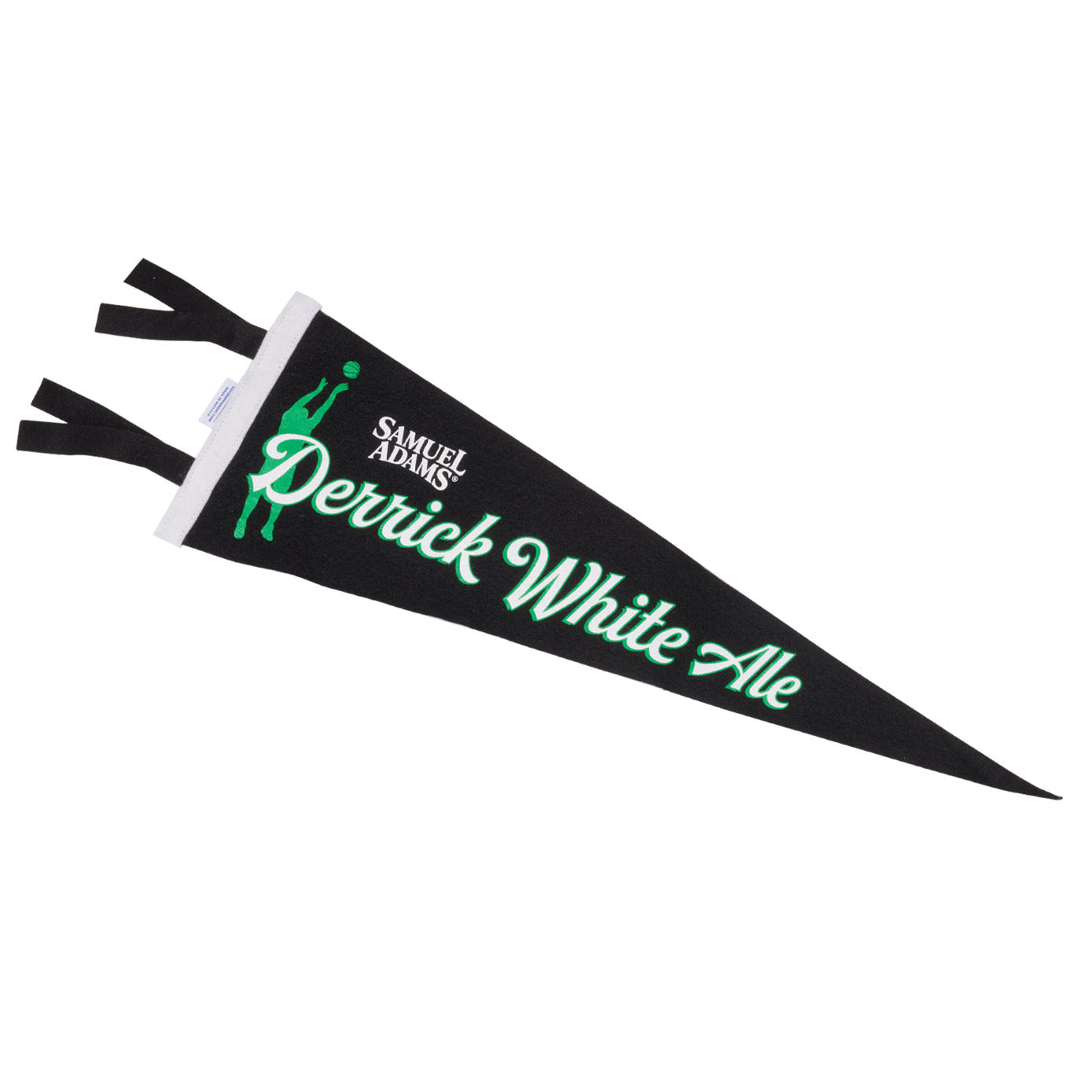Samuel Adams Derrick White Ale felt pennant in black with green and white lettering, featuring Derrick White silhouette graphic and classic tapered banner design