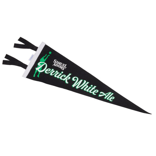 Samuel Adams Derrick White Ale felt pennant in black with green and white lettering, featuring Derrick White silhouette graphic and classic tapered banner design