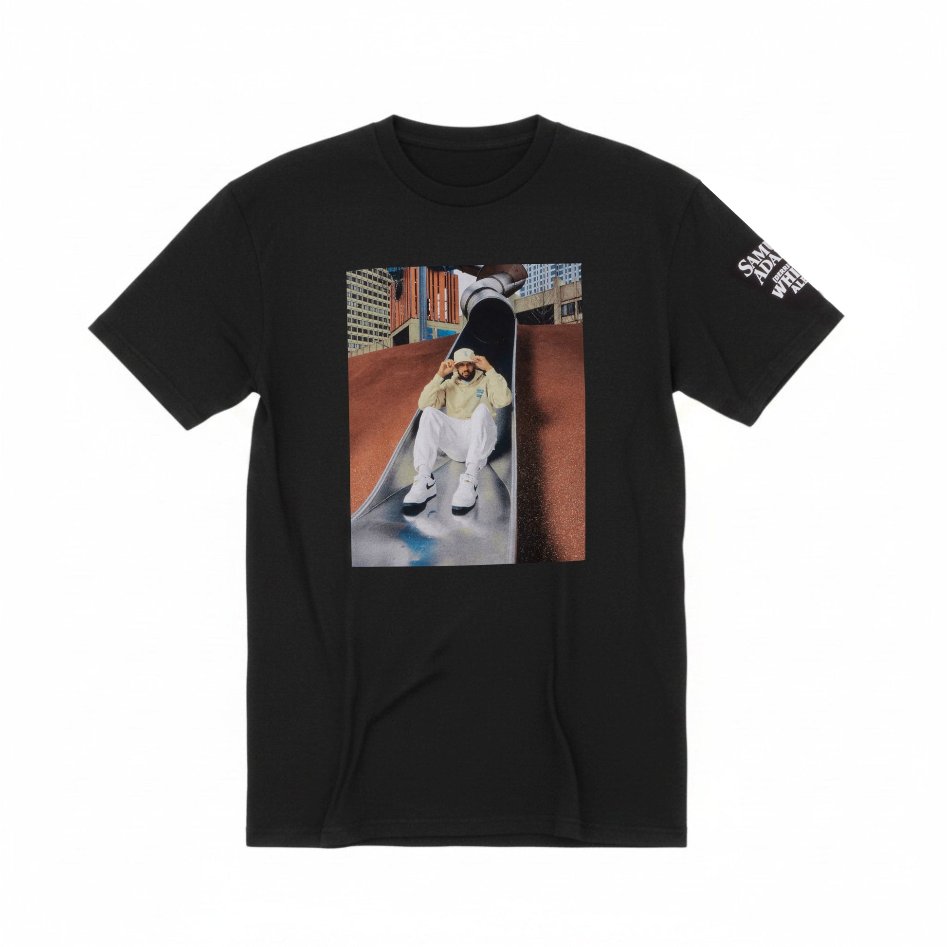 Back view of Samuel Adams Derrick White cop slide photo t-shirt in black 