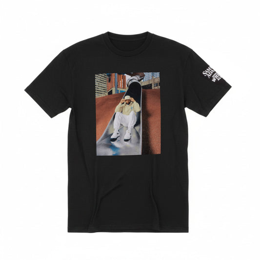 Back view of Samuel Adams Derrick White cop slide photo t-shirt in black 
