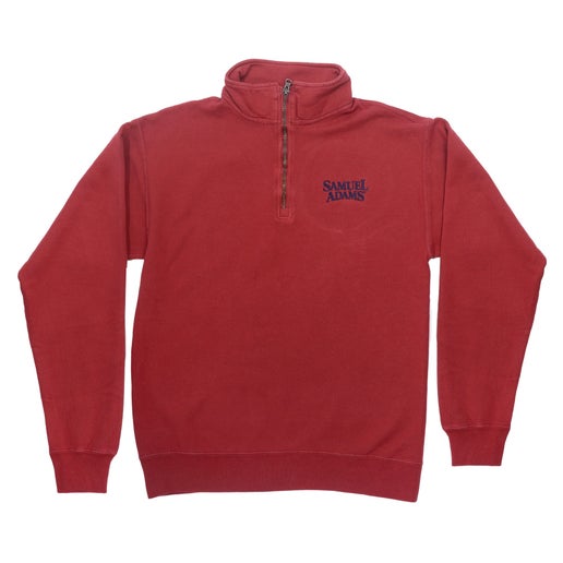 A Dark Red Quarter Zip Pullover that features the Samuel Adams logo in navy blue on the top left of the sweater.