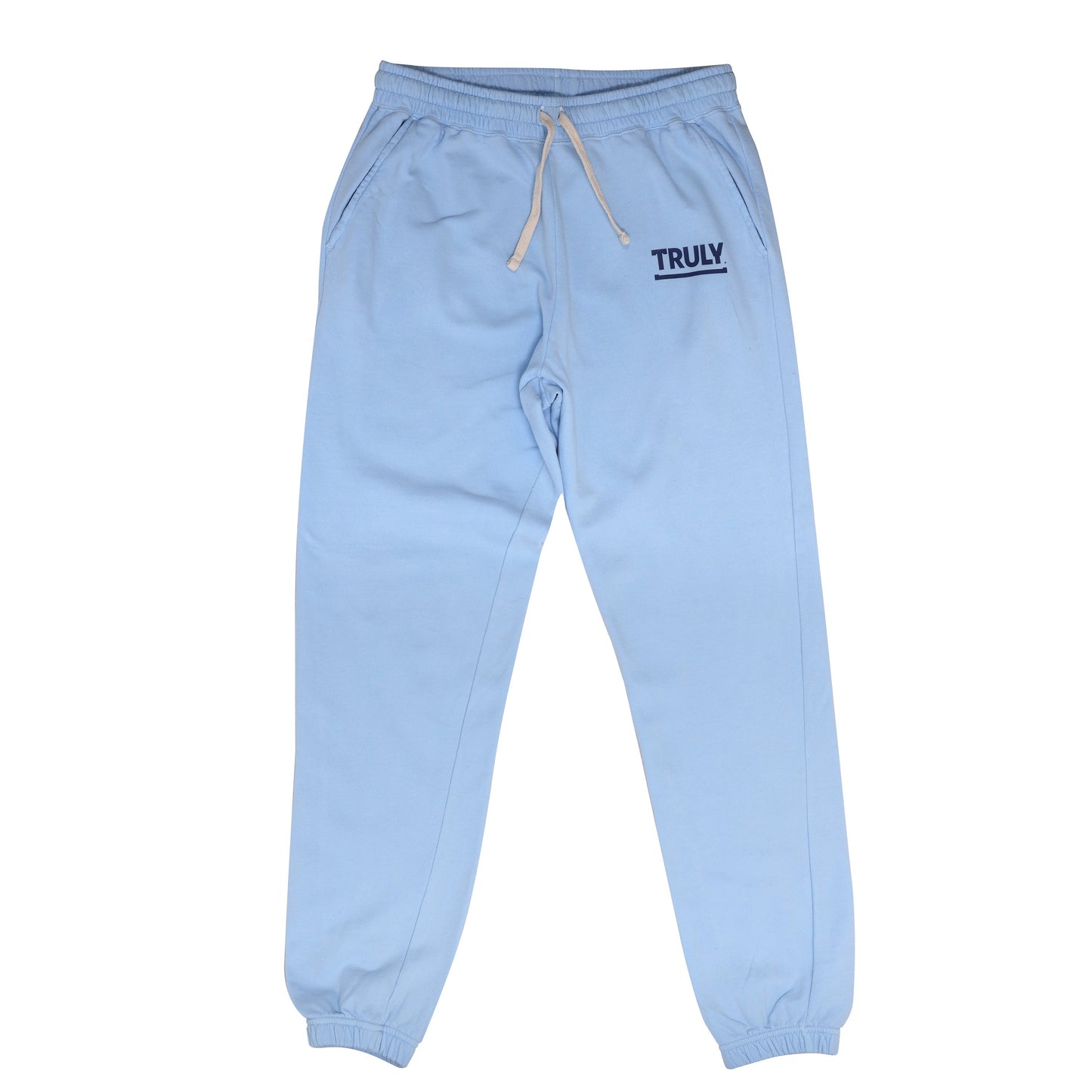 A pair of light blue sweatpants with elastic cuffs and a beige drawstring waistband. The word "TRULY" is printed in dark blue with an underline on the upper left thigh.