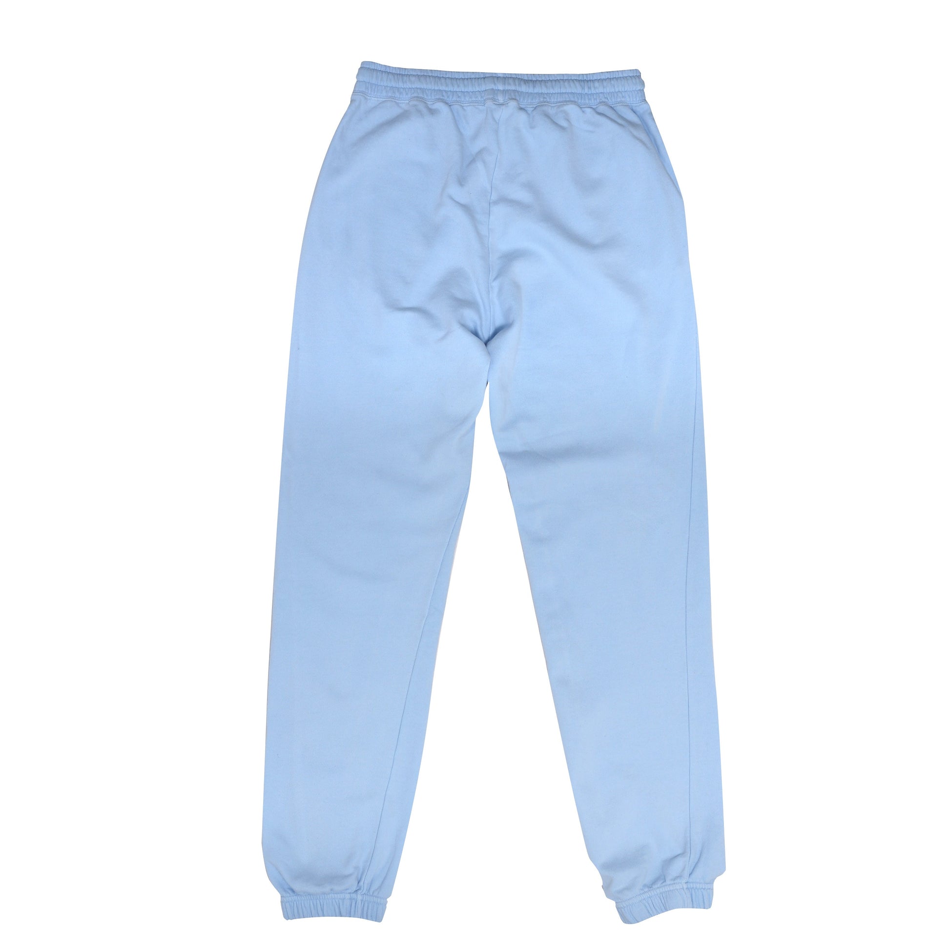 The back view of light blue sweatpants, showing a smooth fabric finish and elasticized cuffs at the ankles.