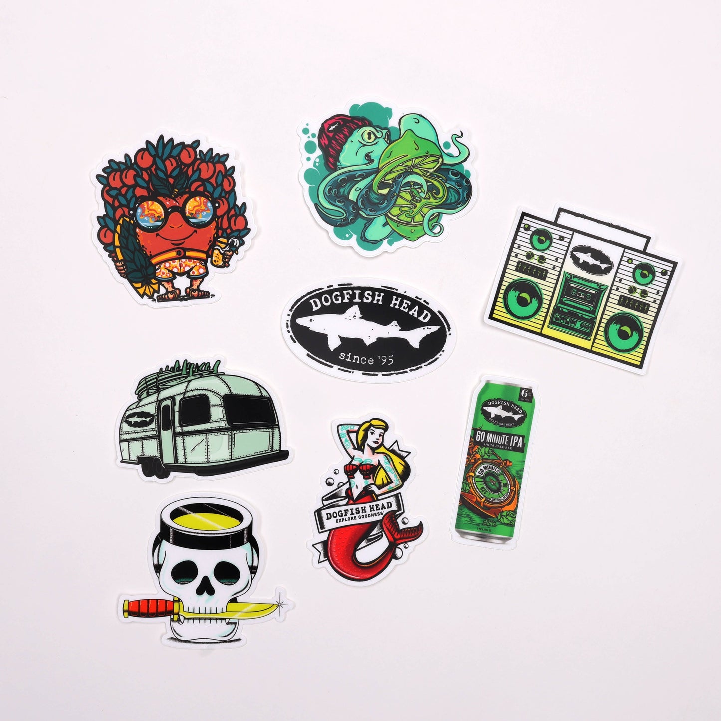 The Dogfish Head 2025 Sticker Pack of 8 by Douglas Earp Print Consultants features unique designs like Dogfish Head logos, a red-sunglasses character, and a green monster—perfect for fans to show off their Dogfish style.