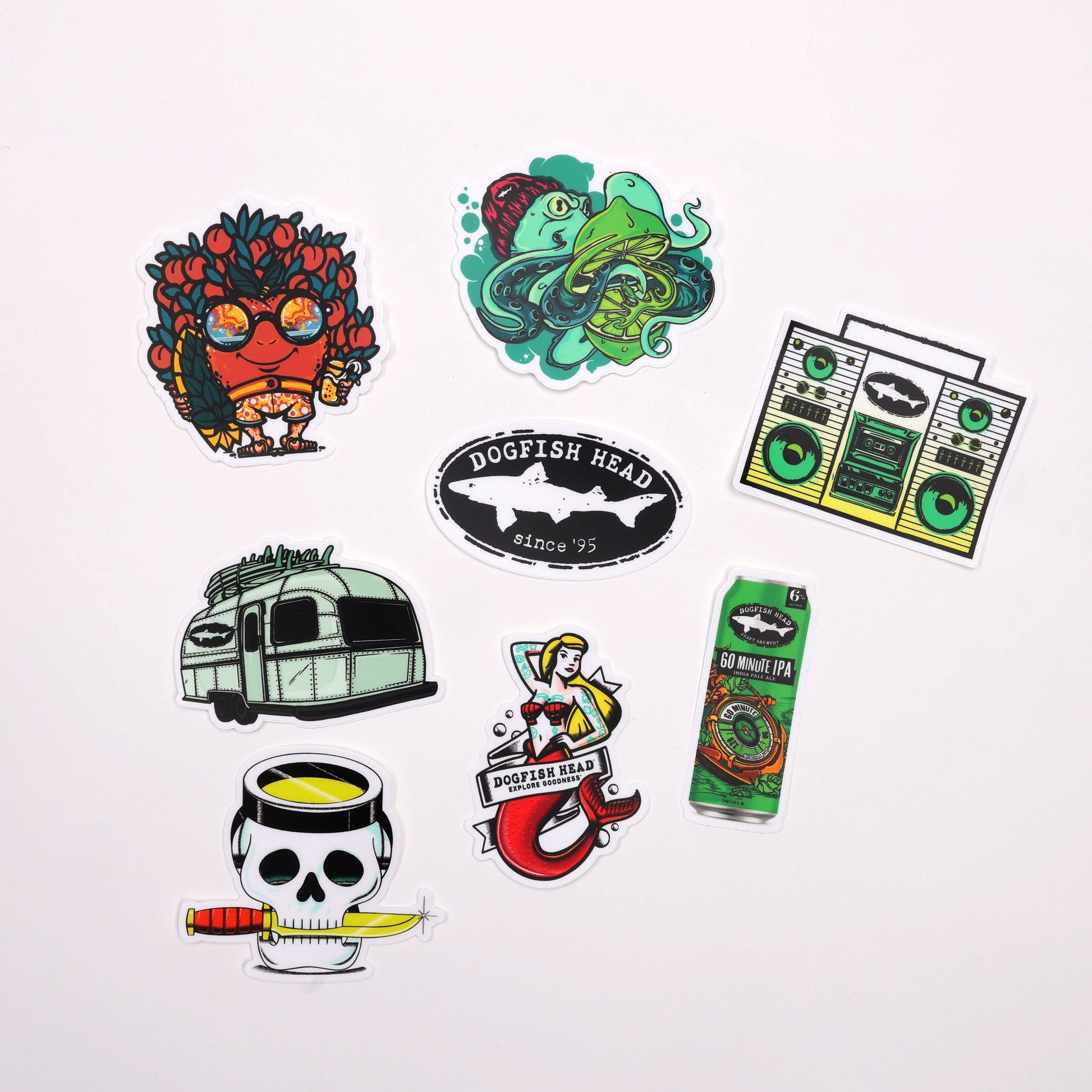The Dogfish Head 2025 Sticker Pack of 8 by Douglas Earp Print Consultants features unique designs like Dogfish Head logos, a red-sunglasses character, and a green monster—perfect for fans to show off their Dogfish style.