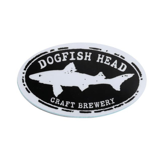 The Dogfish Head Craft Brewery Sticker by Arrasmith Promotions LLC features a white shark silhouette on a black oval background, with "DOGFISH HEAD CRAFT BREWERY" in white letters encircling the logo.