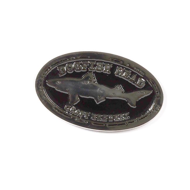 The Dogfish Enamel Pin by Arrasmith Promotions LLC features an oval design with an embossed shark logo, “Dogfish Head” above, and “Craft Brewed Ales” below—highlighting the Off-Centered brand against a dark backdrop.