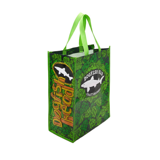 The Dogfish Head Green Shopping Tote by Arrasmith Promotions LLC features leafy patterns, green handles, and "Dogfish Head Craft Brewed" with a fish logo—ideal as a sturdy grocery bag or stylish beach tote.