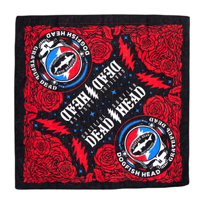 The Dogfish Head x Grateful Dead Black Bandana by Merchtank features red roses, blue and white medallions, brand logos, bold “Grateful Dead” and “Dogfish Head” text, and red lightning bolts—the perfect craft beer accessory.