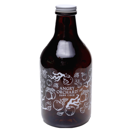 This growler is covered in small images of branches, leaves, whole apples, and bitten apples. These small images surround the writing "Angry Orchard Hard Cider".
