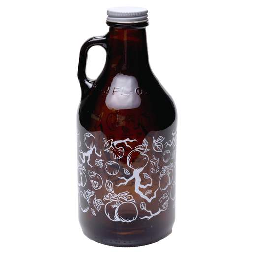 This growler is covered in small images of branches, leaves, whole apples, and bitten apples. These small images surround the writing "Angry Orchard Hard Cider".