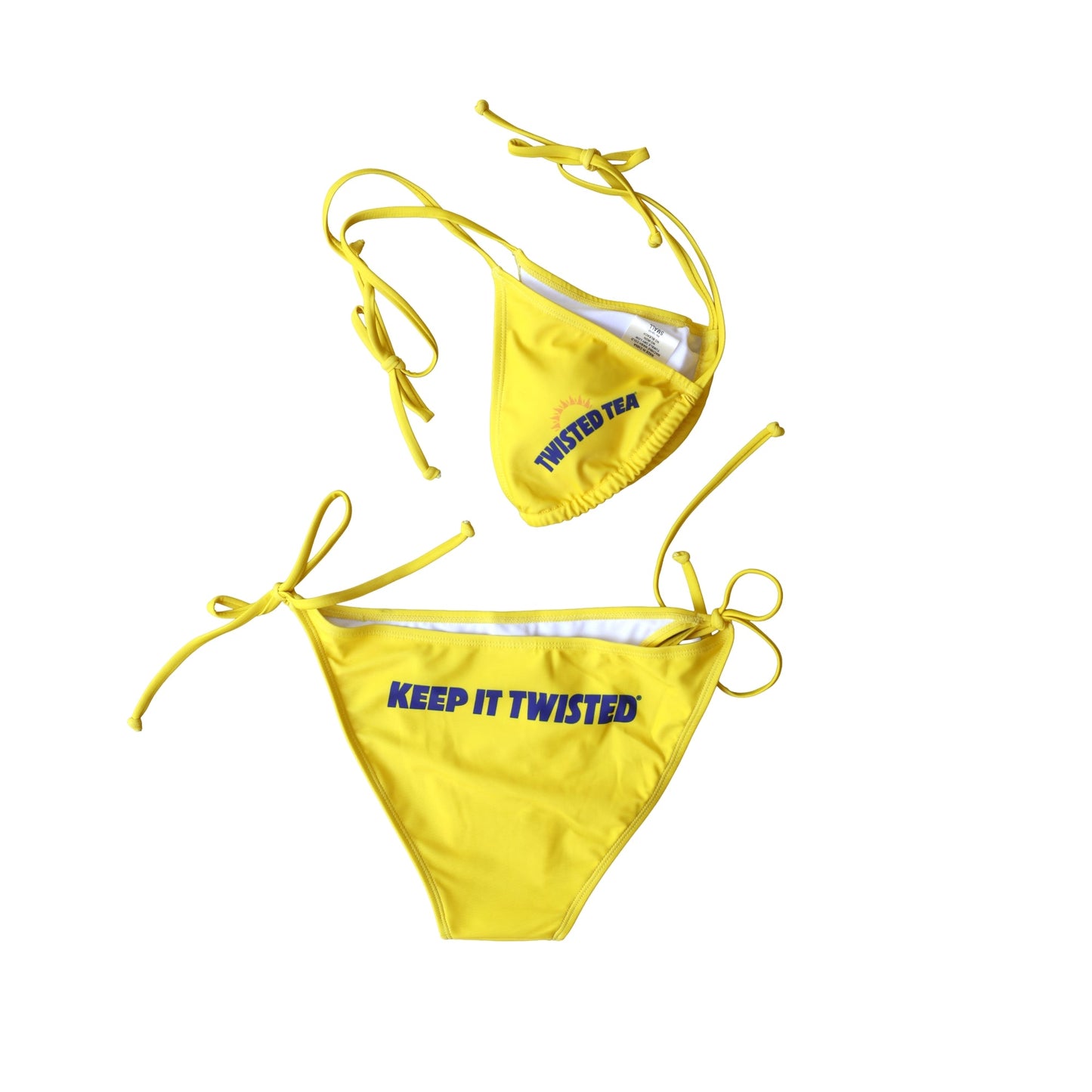 Yellow Twisted Tea bikini set featuring triangle halter top with logo and matching ‘Keep It Twisted’ tie-side bottoms, flat lay