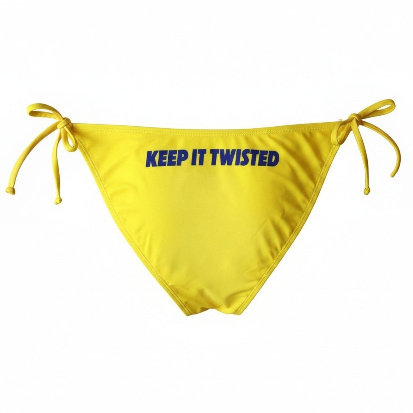 Yellow Twisted Tea bikini bottoms with side tie strings, featuring ‘Keep It Twisted’ slogan in bold blue text