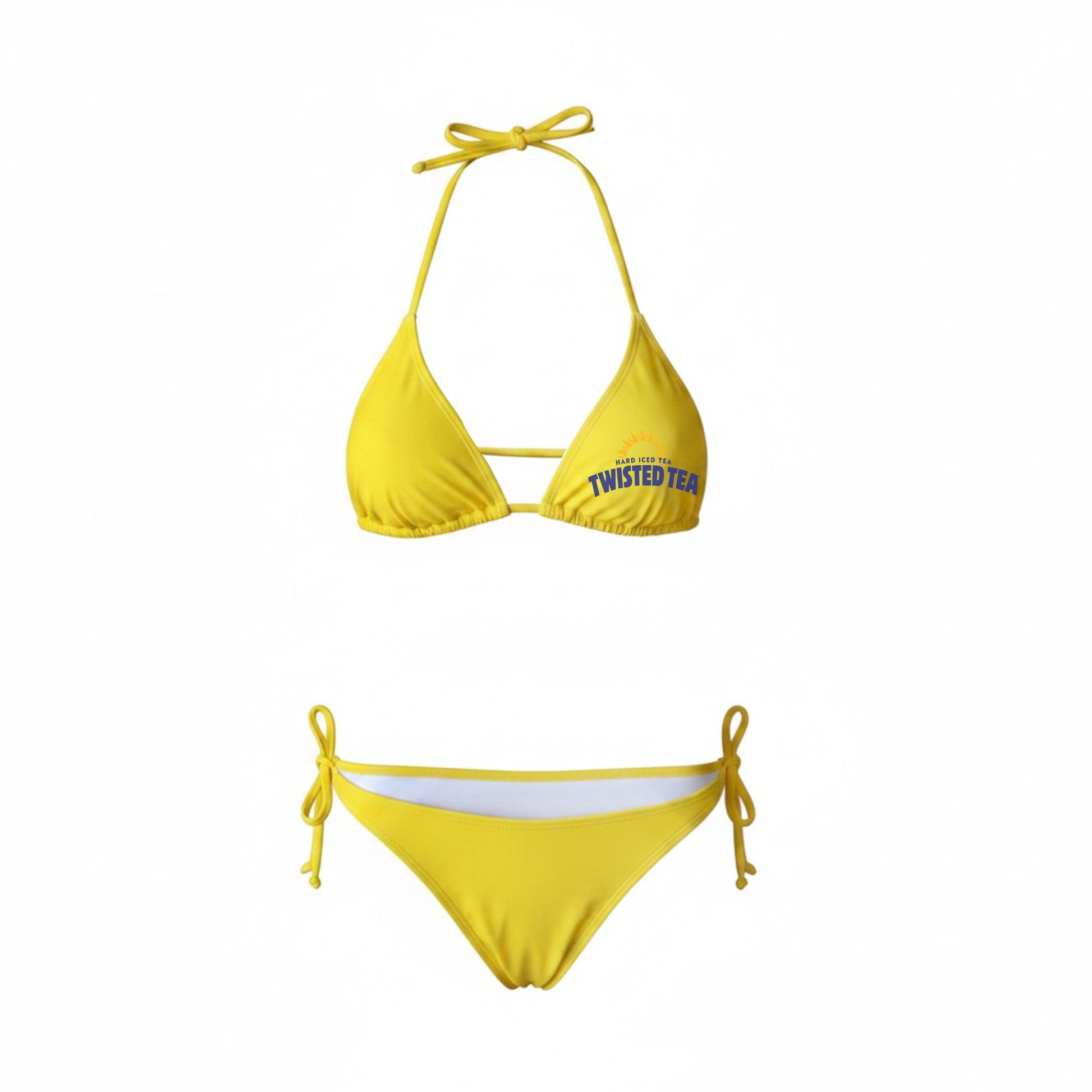 Twisted Tea yellow bikini set with triangle top featuring logo on left chest and matching tie-side bottoms with ‘Keep It Twisted’ text