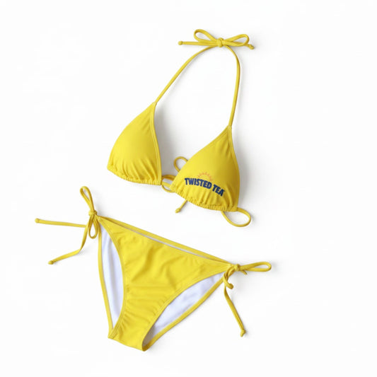 Twisted Tea yellow bikini set with triangle top featuring logo and matching tie-side bottoms