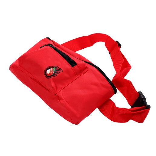 Front view of red Angry Orchard belt bag. The bag has two pockets with a small Angry Orchard apple on the smaller pocket, as well as an adjustable strap. 