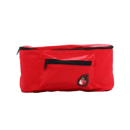 Close-up of the front of the red Angry Orchard belt bag. The bag has two pockets with a small Angry Orchard apple on the smaller pocket, as well as an adjustable strap. 