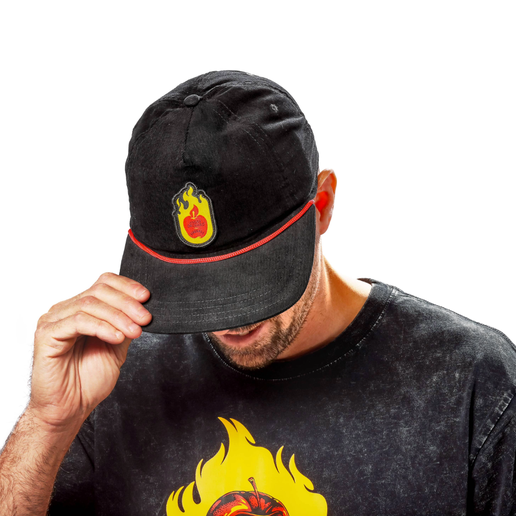 Front view of black Fireball corduroy flat brim. Featured is Fireball logo with Angry Orchard logo inside of it, centered on front of hat. 
