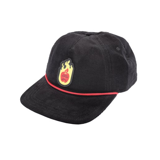 Front view of black Fireball corduroy flat brim. Featured is Fireball logo with Angry Orchard logo inside of it, centered on front of hat. 