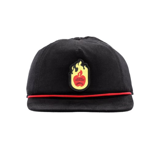 Front view of black Fireball corduroy flat brim. Featured is Fireball logo with Angry Orchard logo inside of it, centered on front of hat. 