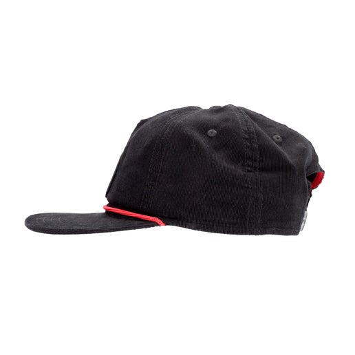 Side view of black Fireball corduroy flat brim.
