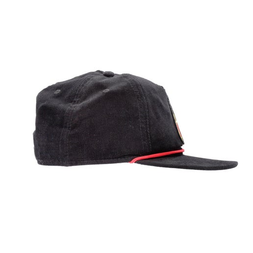Side view of black Fireball corduroy flat brim.