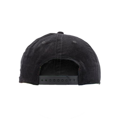 Back view of black Fireball corduroy flat brim showing adjustable strap.