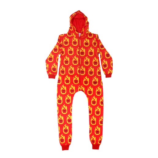 Full body view of front of red Fireball onesie. Covering the onesie is a yellow flame with red apple inside it, and writing "Angry Orchard" and "Fireball" inside apple.