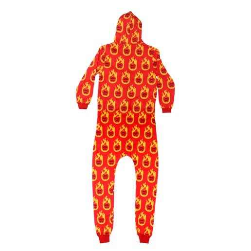 Full body view of the back of red Fireball onesie. Covering the onesie is a yellow flame with red apple inside it, and writing "Angry Orchard" and "Fireball" inside apple.
