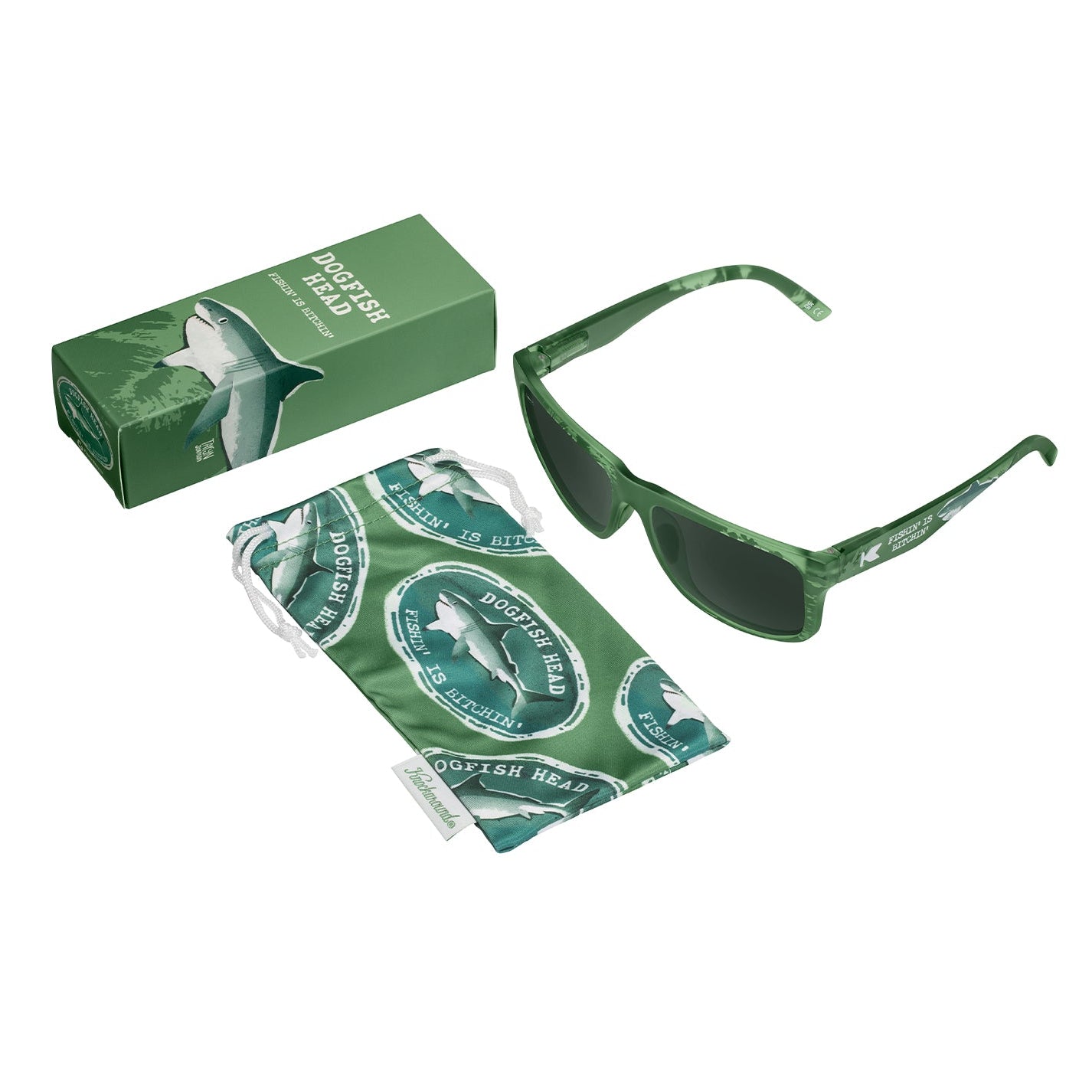 Green sunglasses with matching pouch and box on a white background