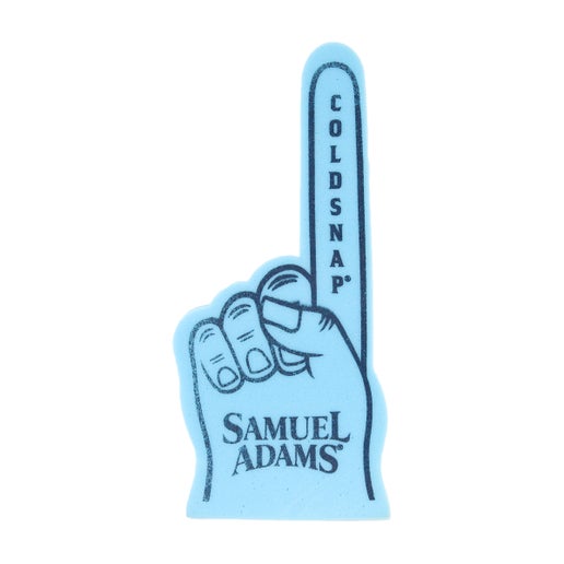 A light blue foam finger with navy blue outlining and details like the Samuel Adams logo on the "palm" and "cold snap" on the length of the finger.