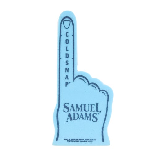 A light blue foam finger with navy blue outlining and details like the Samuel Adams logo on the back of the hand and "cold snap" on the length of the finger.
